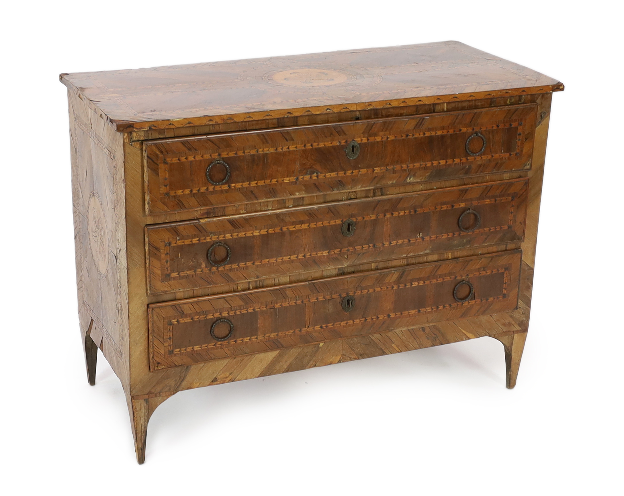 A late 18th century Italian olive wood and parquetry commode